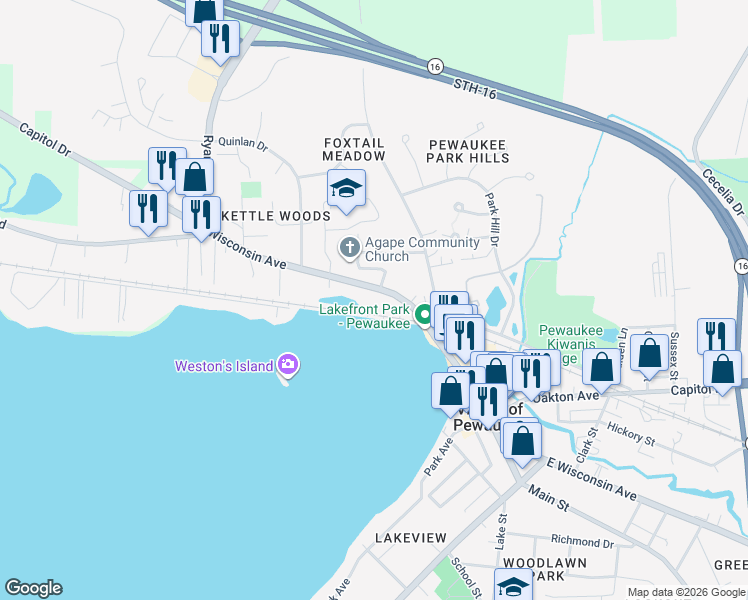 map of restaurants, bars, coffee shops, grocery stores, and more near 354 West Wisconsin Avenue in Pewaukee