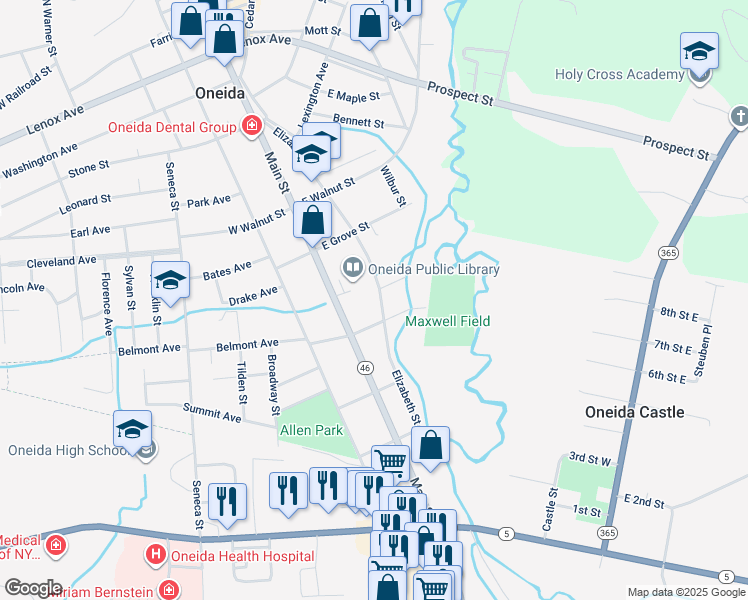 map of restaurants, bars, coffee shops, grocery stores, and more near 478 Elizabeth Street in Oneida