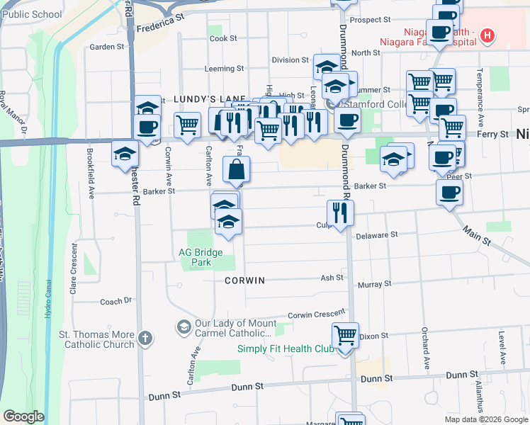 map of restaurants, bars, coffee shops, grocery stores, and more near 6476 Maranda Street in Niagara Falls