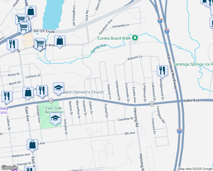 map of restaurants, bars, coffee shops, grocery stores, and more near 11 Patricia Lane in Saratoga Springs
