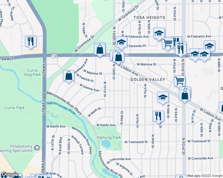 map of restaurants, bars, coffee shops, grocery stores, and more near 3803 North 100th Street in Milwaukee