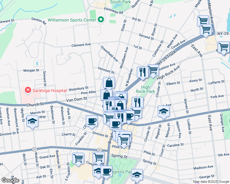 map of restaurants, bars, coffee shops, grocery stores, and more near 118 Woodlawn Avenue in Saratoga Springs