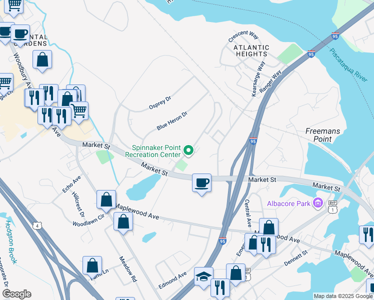 map of restaurants, bars, coffee shops, grocery stores, and more near 39 Spinnaker Way in Portsmouth
