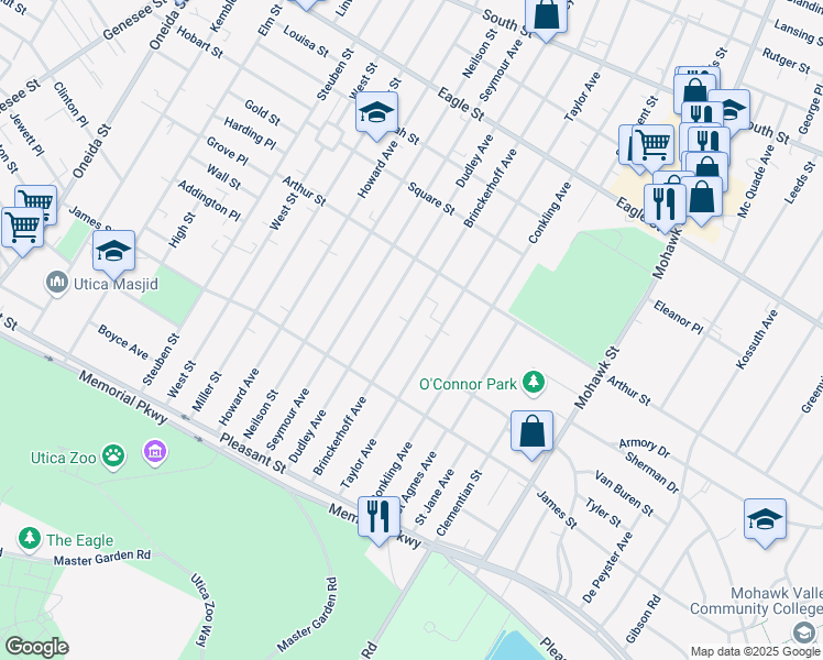 map of restaurants, bars, coffee shops, grocery stores, and more near 1546 Brinckerhoff Avenue in Utica