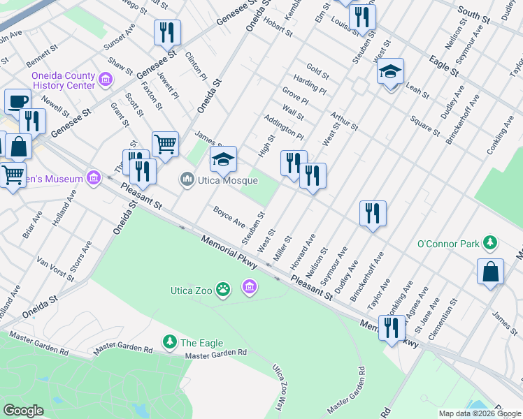 map of restaurants, bars, coffee shops, grocery stores, and more near 1630 Steuben Street in Utica