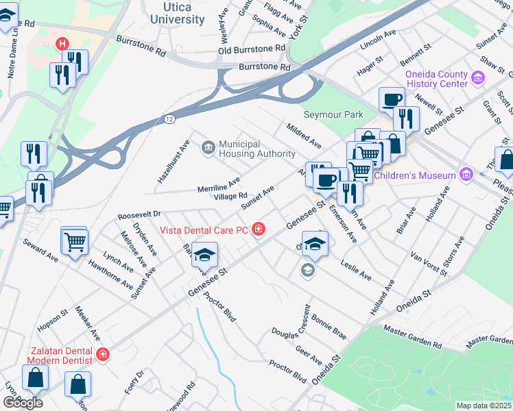 map of restaurants, bars, coffee shops, grocery stores, and more near 11 Carlile Avenue in Utica