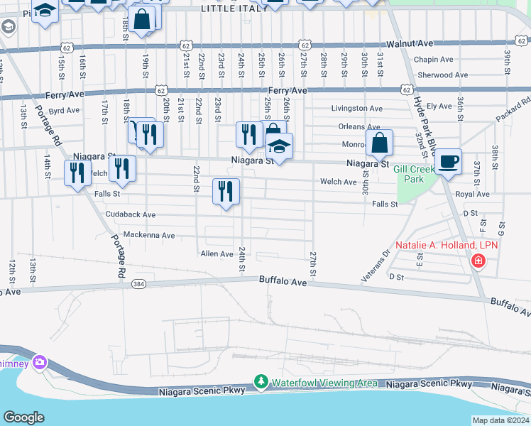 map of restaurants, bars, coffee shops, grocery stores, and more near 2424 Cudaback Avenue in Niagara Falls