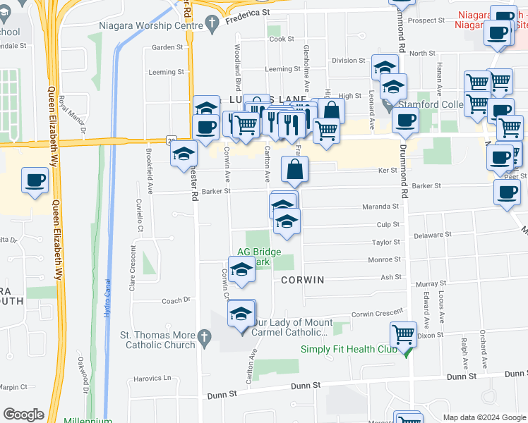 map of restaurants, bars, coffee shops, grocery stores, and more near 6120 Carlton Avenue in Niagara Falls