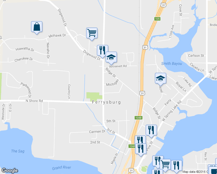 map of restaurants, bars, coffee shops, grocery stores, and more near 17370 Michigan Avenue in Spring Lake