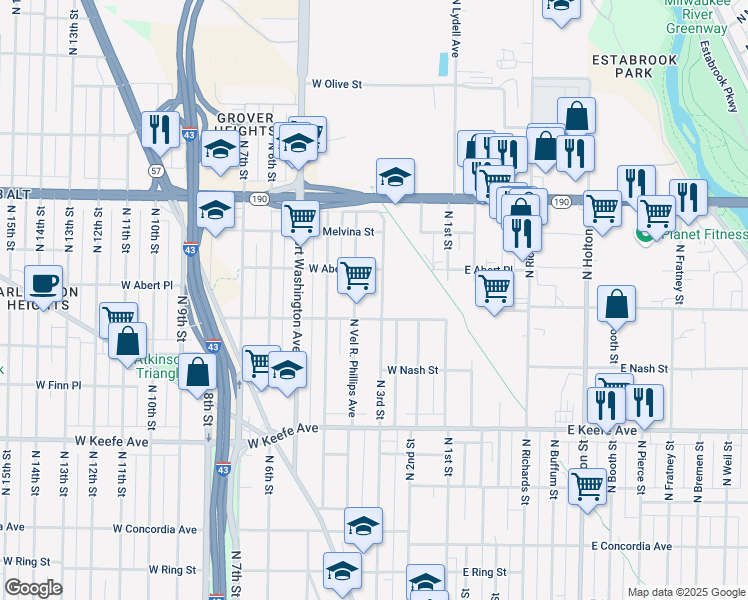 map of restaurants, bars, coffee shops, grocery stores, and more near 3832 North 3rd Street in Milwaukee