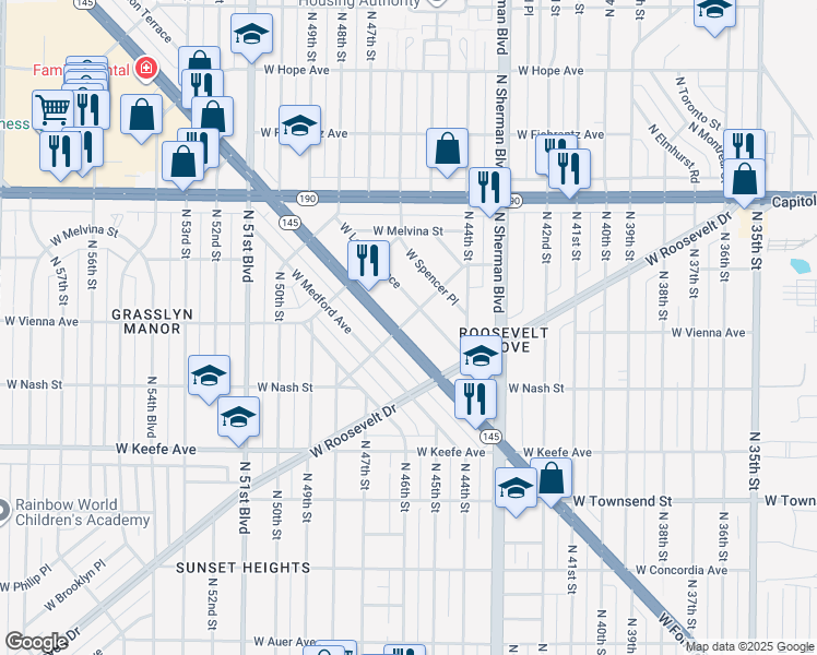 map of restaurants, bars, coffee shops, grocery stores, and more near 4560 West Fond Du Lac Avenue in Milwaukee