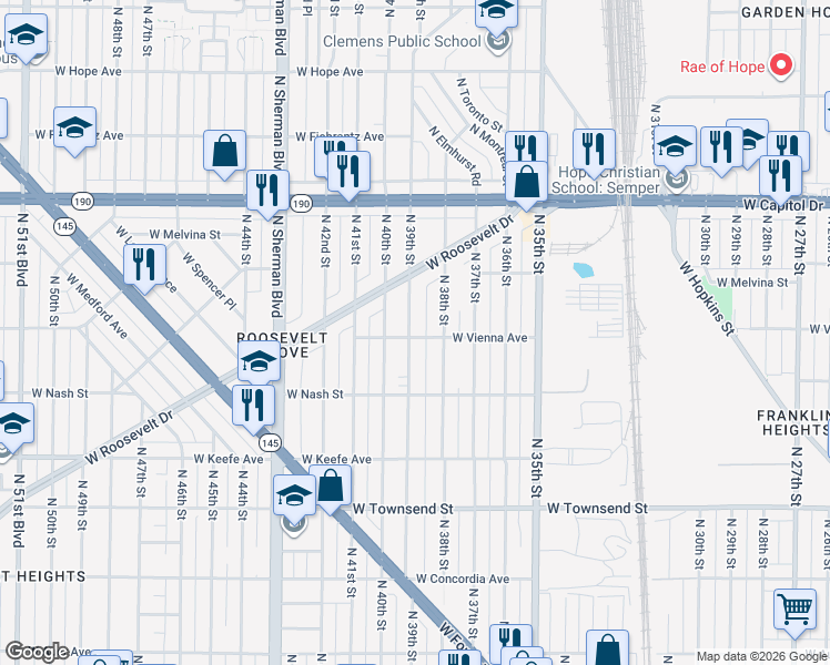 map of restaurants, bars, coffee shops, grocery stores, and more near 3830 West Vienna Avenue in Milwaukee