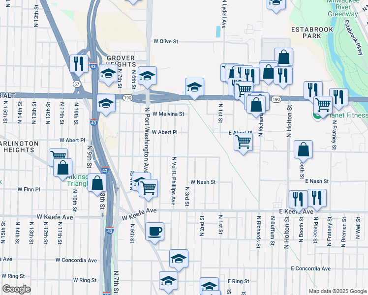 map of restaurants, bars, coffee shops, grocery stores, and more near 3832 North 3rd Street in Milwaukee