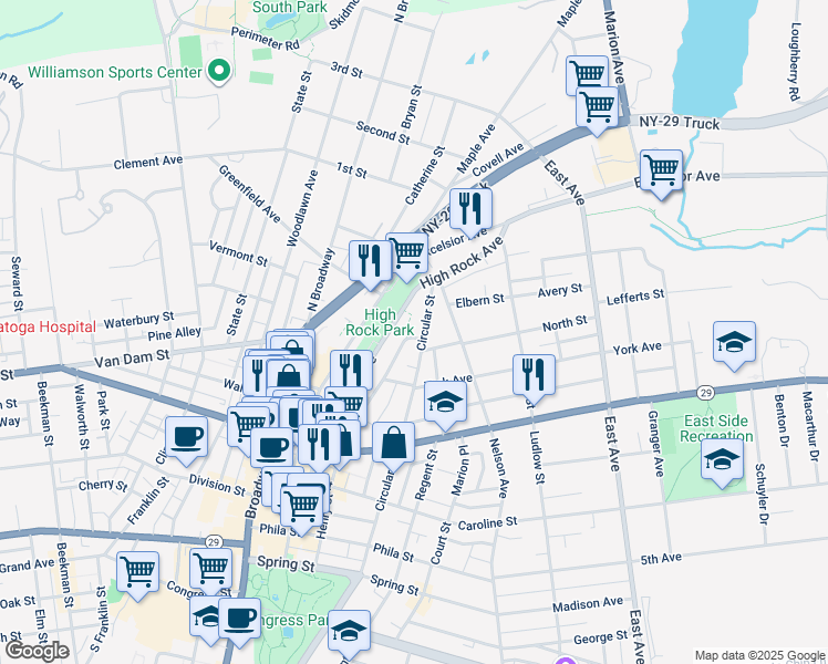 map of restaurants, bars, coffee shops, grocery stores, and more near 199 Circular Street in Saratoga Springs