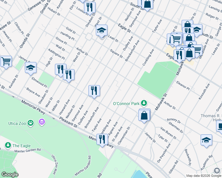 map of restaurants, bars, coffee shops, grocery stores, and more near 1546 Brinckerhoff Avenue in Utica