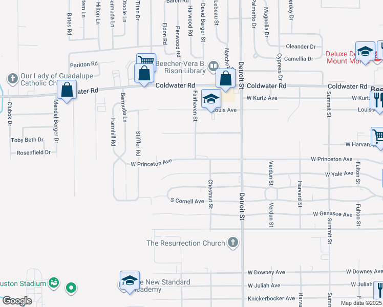 map of restaurants, bars, coffee shops, grocery stores, and more near 5383 Fairhaven Street in Flint