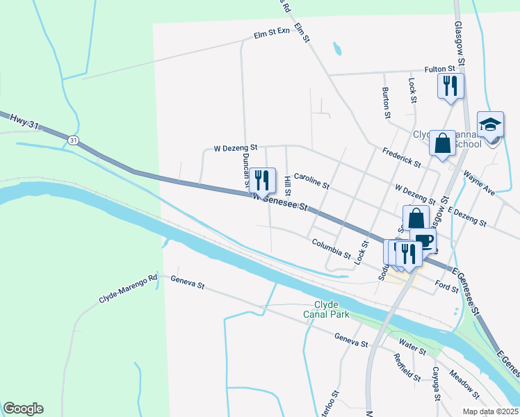 map of restaurants, bars, coffee shops, grocery stores, and more near 50 Sibley Street in Clyde
