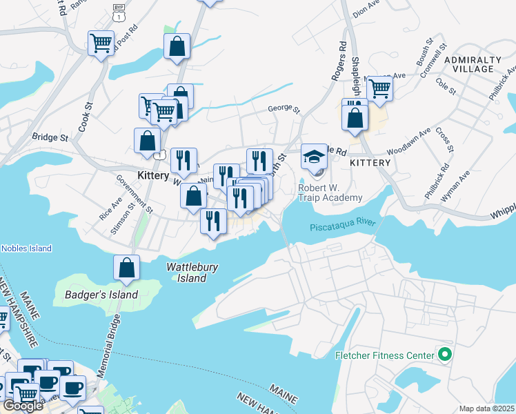 map of restaurants, bars, coffee shops, grocery stores, and more near 76 Wallingford Square in Kittery
