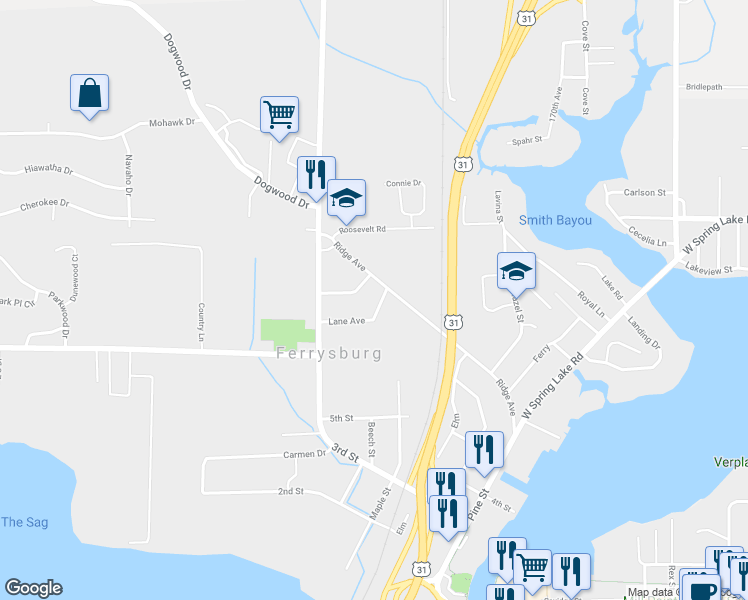 map of restaurants, bars, coffee shops, grocery stores, and more near 17301 Lane Avenue in Spring Lake