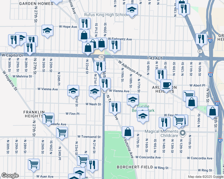 map of restaurants, bars, coffee shops, grocery stores, and more near 1952 West Vienna Avenue in Milwaukee