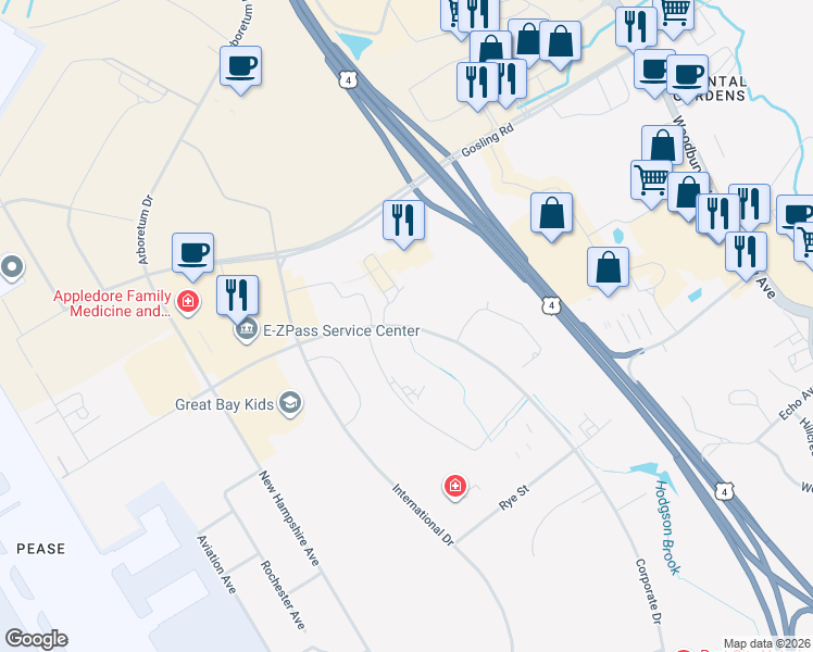 map of restaurants, bars, coffee shops, grocery stores, and more near 30 Corporate Drive in Portsmouth