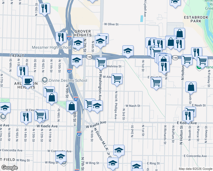 map of restaurants, bars, coffee shops, grocery stores, and more near 3815 North 5th Street in Milwaukee