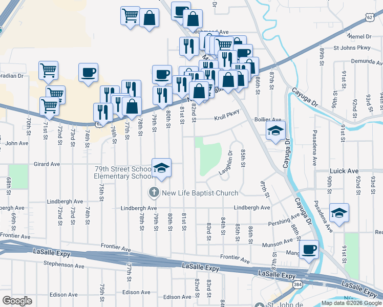 map of restaurants, bars, coffee shops, grocery stores, and more near 634 82nd Street in Niagara Falls