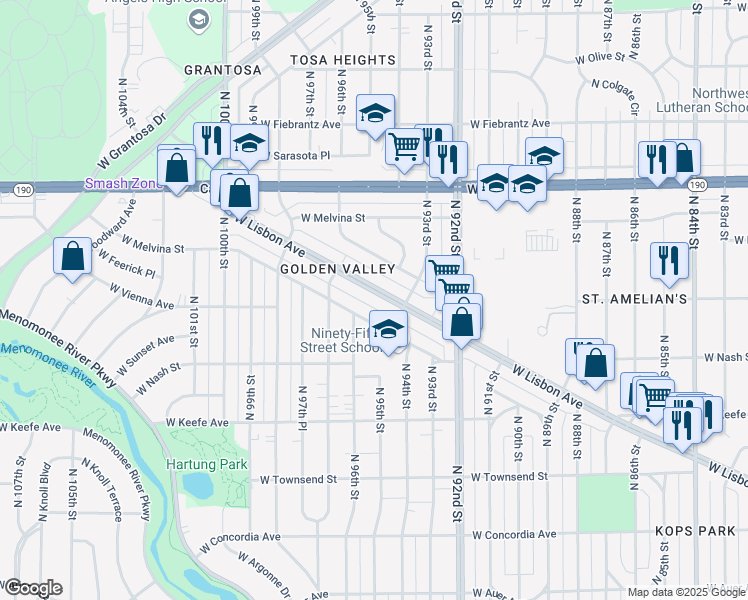 map of restaurants, bars, coffee shops, grocery stores, and more near 9441 West Lisbon Avenue in Milwaukee