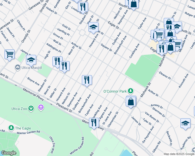 map of restaurants, bars, coffee shops, grocery stores, and more near 1546 Brinckerhoff Ave in Utica