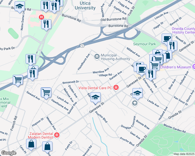 map of restaurants, bars, coffee shops, grocery stores, and more near 104 Roosevelt Drive in Utica