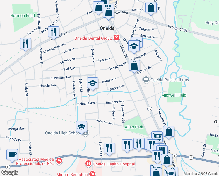 map of restaurants, bars, coffee shops, grocery stores, and more near 244 Drake Avenue in Oneida