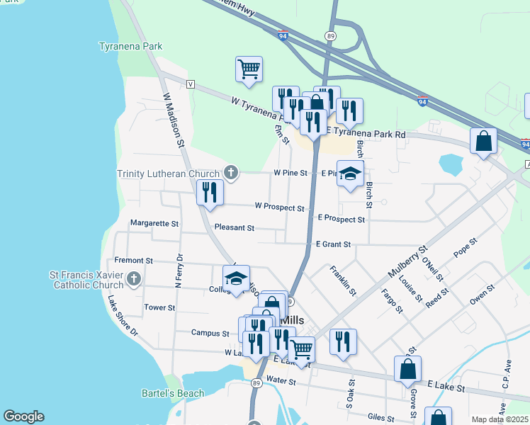 map of restaurants, bars, coffee shops, grocery stores, and more near 302 West Prospect Street in Lake Mills