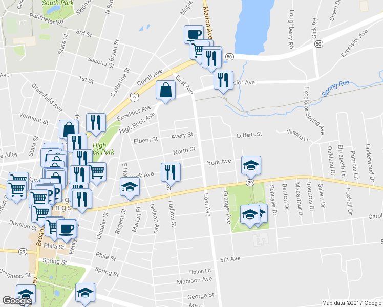 map of restaurants, bars, coffee shops, grocery stores, and more near 124 North Street in Saratoga Springs