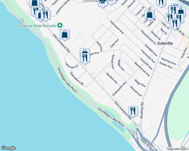 map of restaurants, bars, coffee shops, grocery stores, and more near 300 Old Liverpool Road in Liverpool