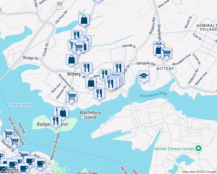 map of restaurants, bars, coffee shops, grocery stores, and more near 13 Walker Street in Kittery