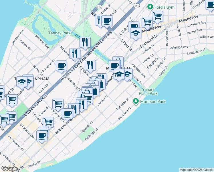 map of restaurants, bars, coffee shops, grocery stores, and more near 1419 Williamson Street in Madison