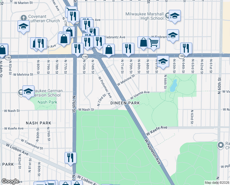 map of restaurants, bars, coffee shops, grocery stores, and more near 7157 West Appleton Avenue in Milwaukee
