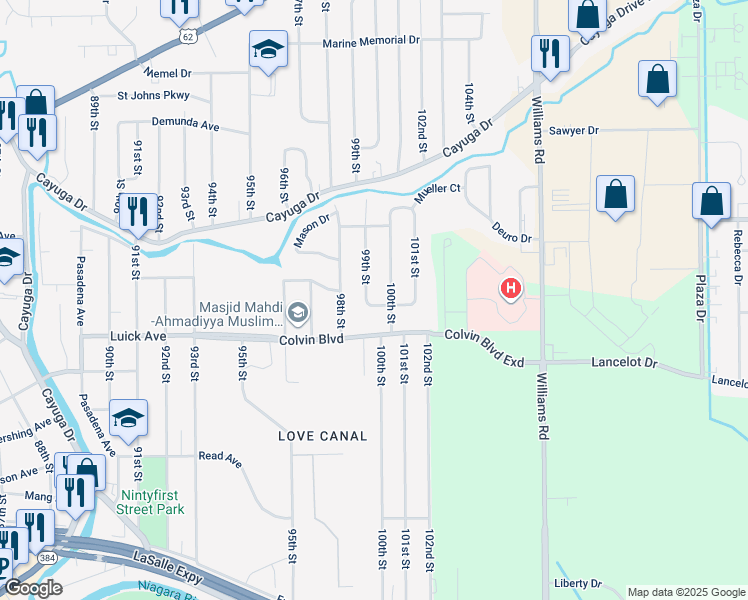 map of restaurants, bars, coffee shops, grocery stores, and more near 1033 99th Street in Niagara Falls