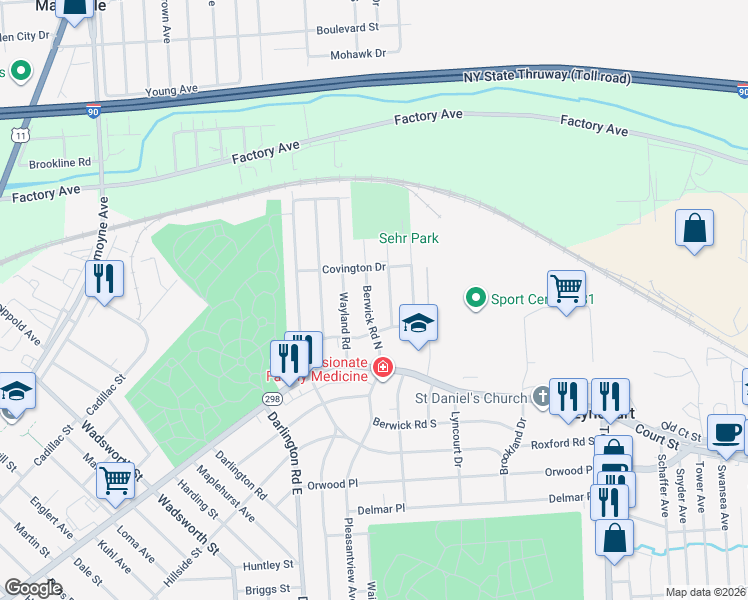 map of restaurants, bars, coffee shops, grocery stores, and more near 235 Berwick Road North in Syracuse