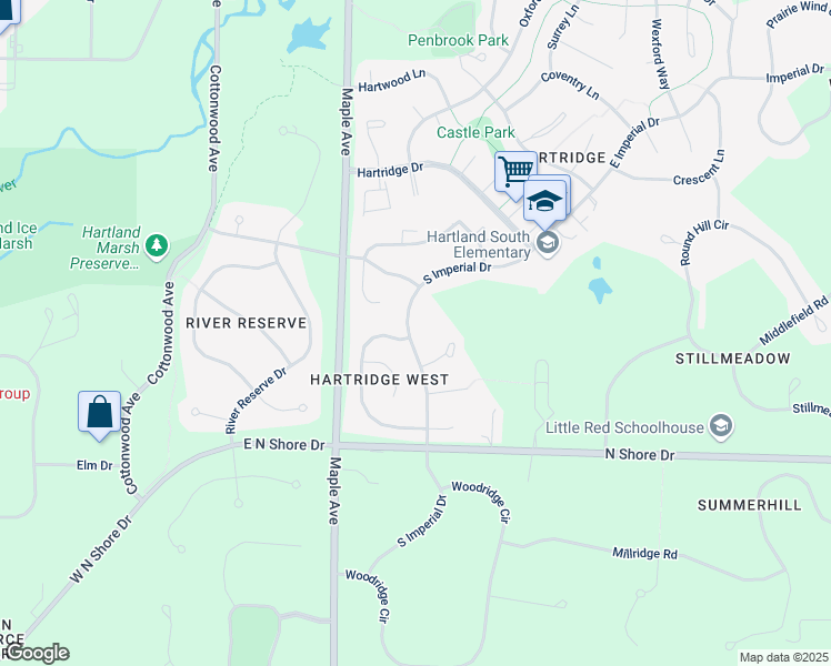 map of restaurants, bars, coffee shops, grocery stores, and more near 1001 South Imperial Drive in Hartland