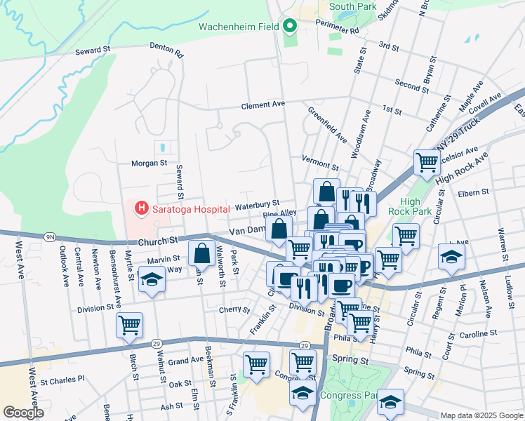 map of restaurants, bars, coffee shops, grocery stores, and more near 30 Waterbury Street in Saratoga Springs