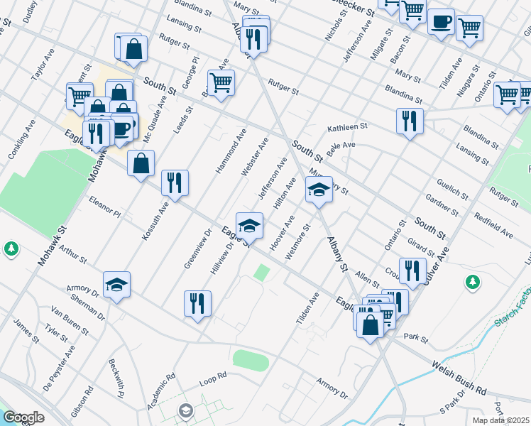 map of restaurants, bars, coffee shops, grocery stores, and more near 1137 Hilton Avenue in Utica