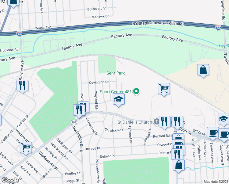 map of restaurants, bars, coffee shops, grocery stores, and more near 110 Marsden Road in Syracuse