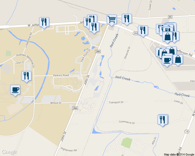 map of restaurants, bars, coffee shops, grocery stores, and more near Unnamed Road in Rochester