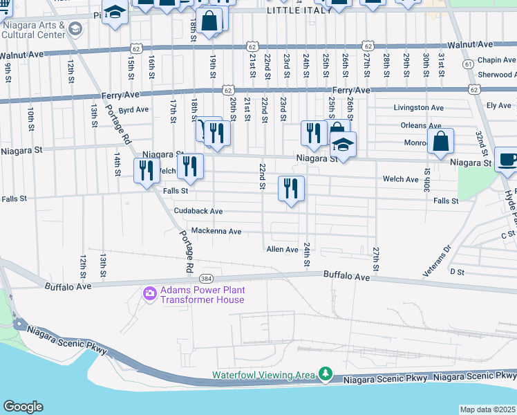 map of restaurants, bars, coffee shops, grocery stores, and more near 1965 Cudaback Avenue in Niagara Falls