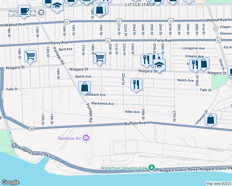 map of restaurants, bars, coffee shops, grocery stores, and more near 1965 Cudaback Avenue in Niagara Falls