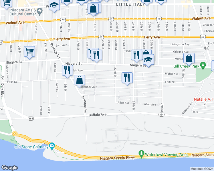 map of restaurants, bars, coffee shops, grocery stores, and more near 1965 Cudaback Avenue in Niagara Falls