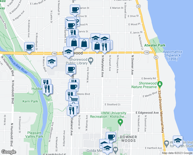 map of restaurants, bars, coffee shops, grocery stores, and more near 2107 East Beverly Road in Shorewood