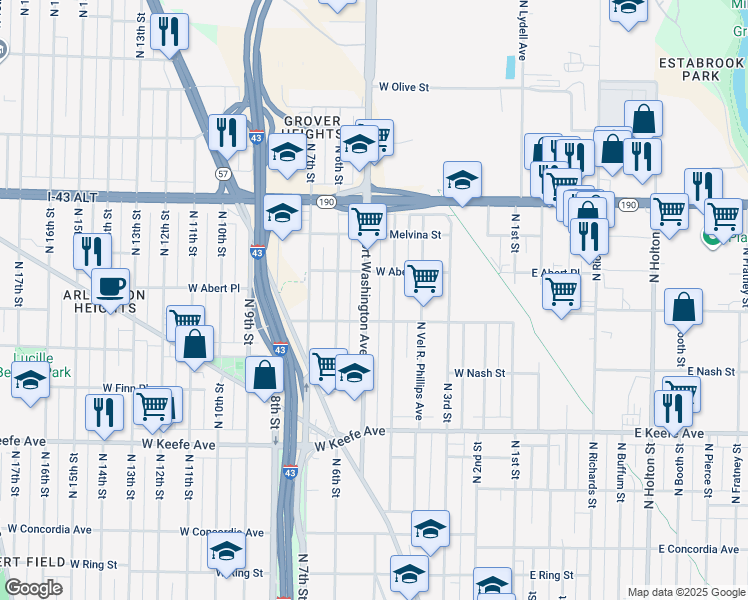 map of restaurants, bars, coffee shops, grocery stores, and more near 3815 North 5th Street in Milwaukee