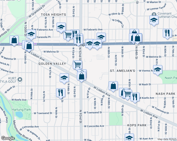 map of restaurants, bars, coffee shops, grocery stores, and more near 3800 North 92nd Street in Milwaukee